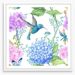 Hummingbird hydrangeas Framed Art Print 122471687