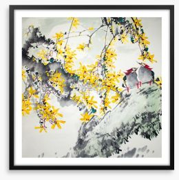 Yellow blossom birds Framed Art Print 144036924