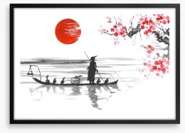 Blood moon and fishing boat Framed Art Print 156203995