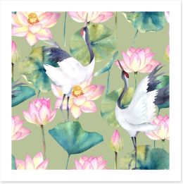 Cranes and lotus Art Print 176260305