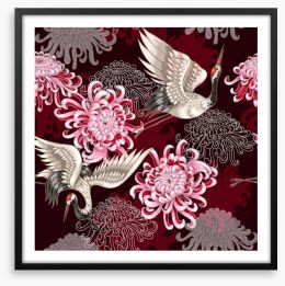 Cranes and chrysanthemums Framed Art Print 182524829
