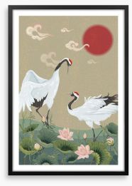 Cranes in the lotus Framed Art Print 211875686