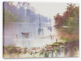 Moored in the mist Stretched Canvas 385519753
