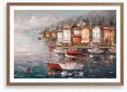 Stormy harbour sailboats Framed Art Print 400114799