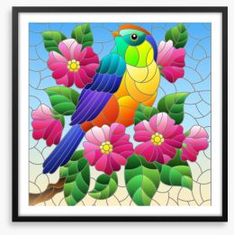 Bird and bloom window Framed Art Print 409170303