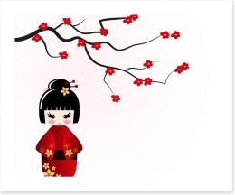 Kokeshi doll under sakura branch Art Print 43027598