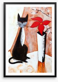 Chat noire avec un fleur Framed Art Print 45634319