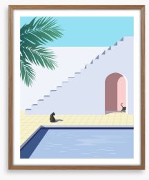 Black cat pool Framed Art Print 468540086