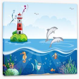 Lighthouse and dolphins Stretched Canvas 52186427