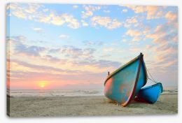 Blue boats at sunrise Stretched Canvas 68233449