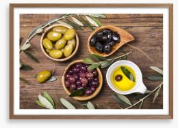 Olives and oil Framed Art Print 74204029