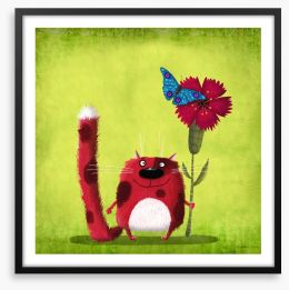 Red cat with cornflower Framed Art Print 80903870