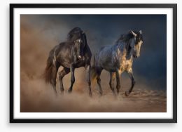Horses in the desert dust Framed Art Print 85582216