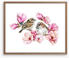 Sparrows in the magnolia Framed Art Print 189231408