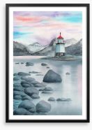 Rocky shore lighthouse Framed Art Print 372206431