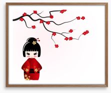 Kokeshi doll under sakura branch Framed Art Print 43027598