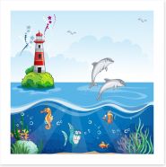 Lighthouse and dolphins Art Print 52186427