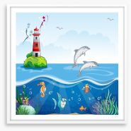 Lighthouse and dolphins Framed Art Print 52186427